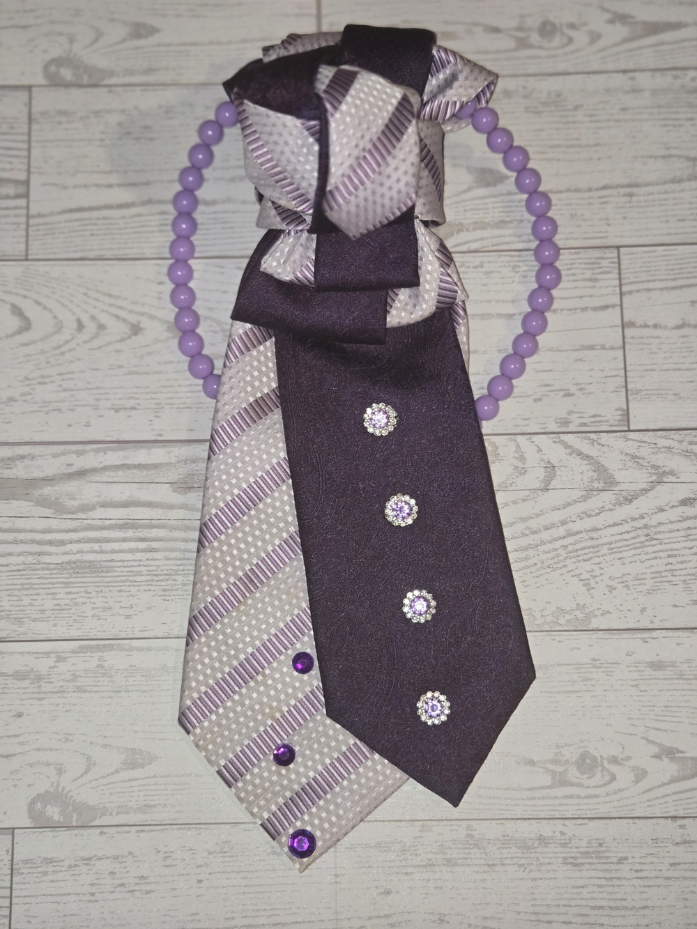 Purple Decorative Necktie Necklace with Gem Accents